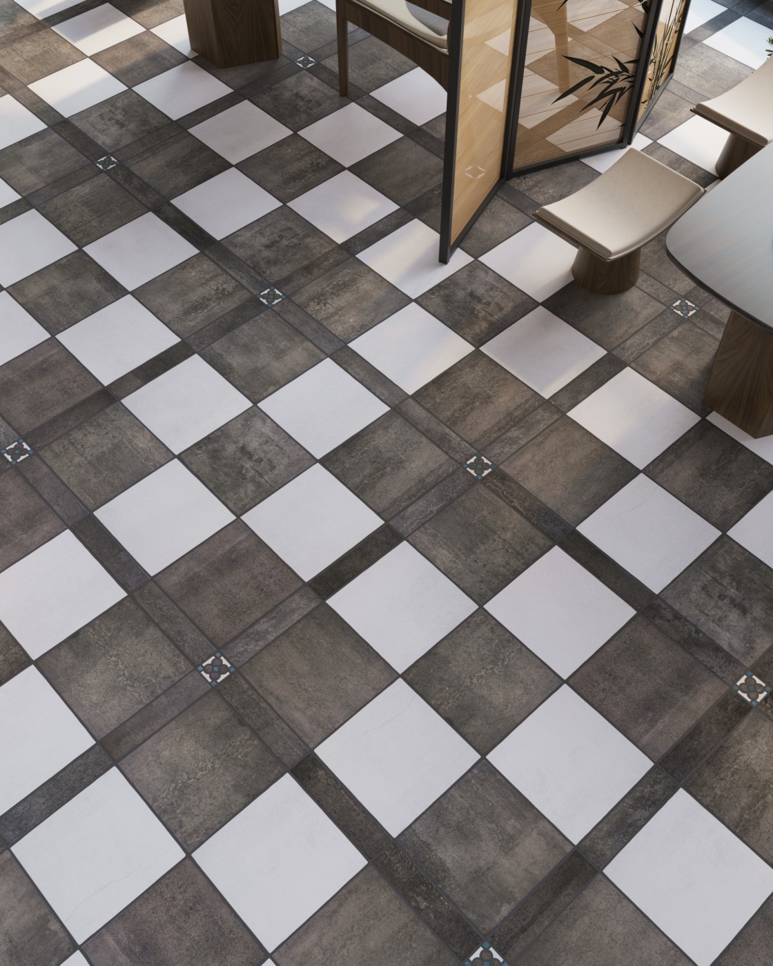 工装茶馆混铺地面浅灰色和黑色