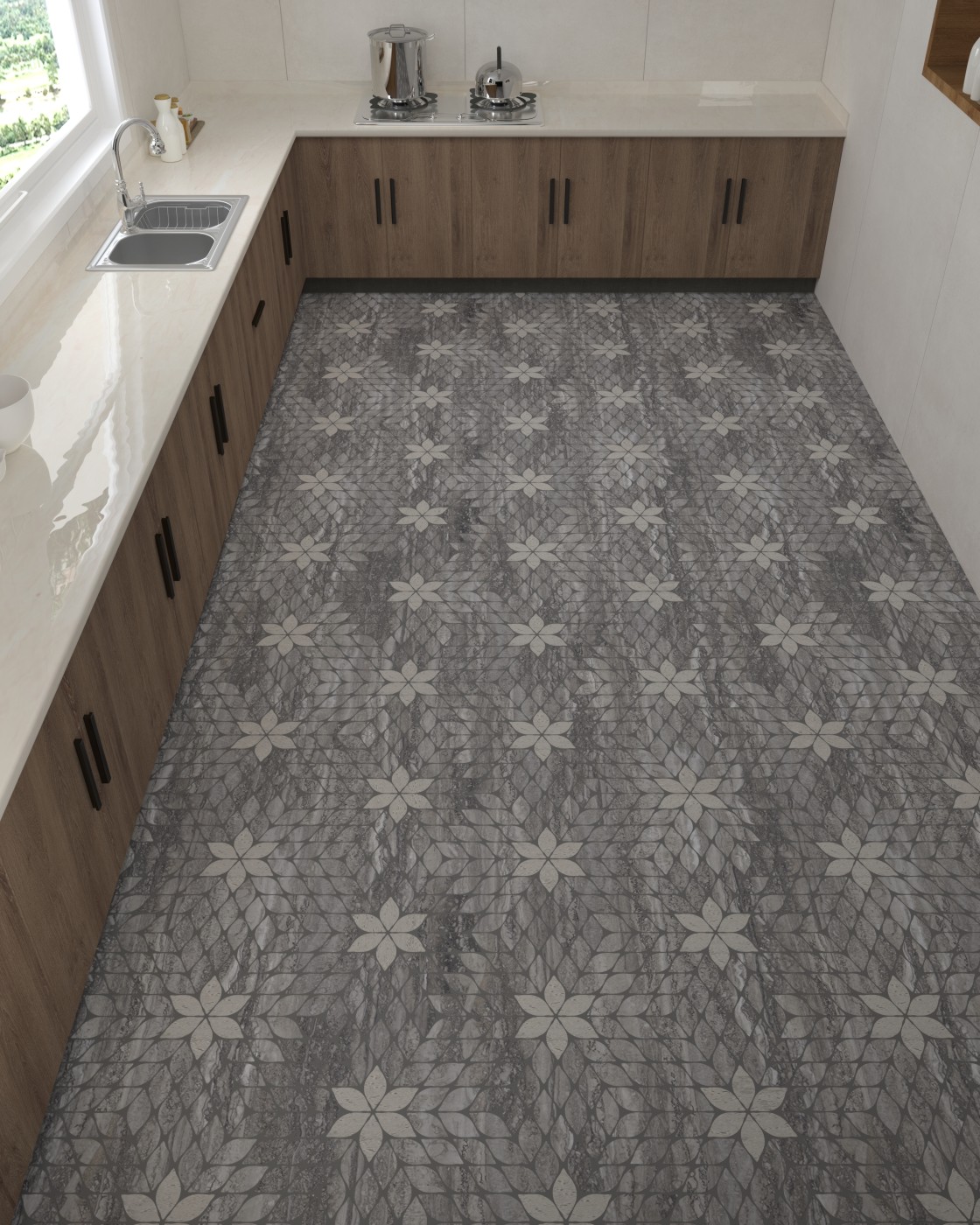 厨房  墙LMCO-91801M水泥灰白，地 FLA005M 银灰洞+灰洞