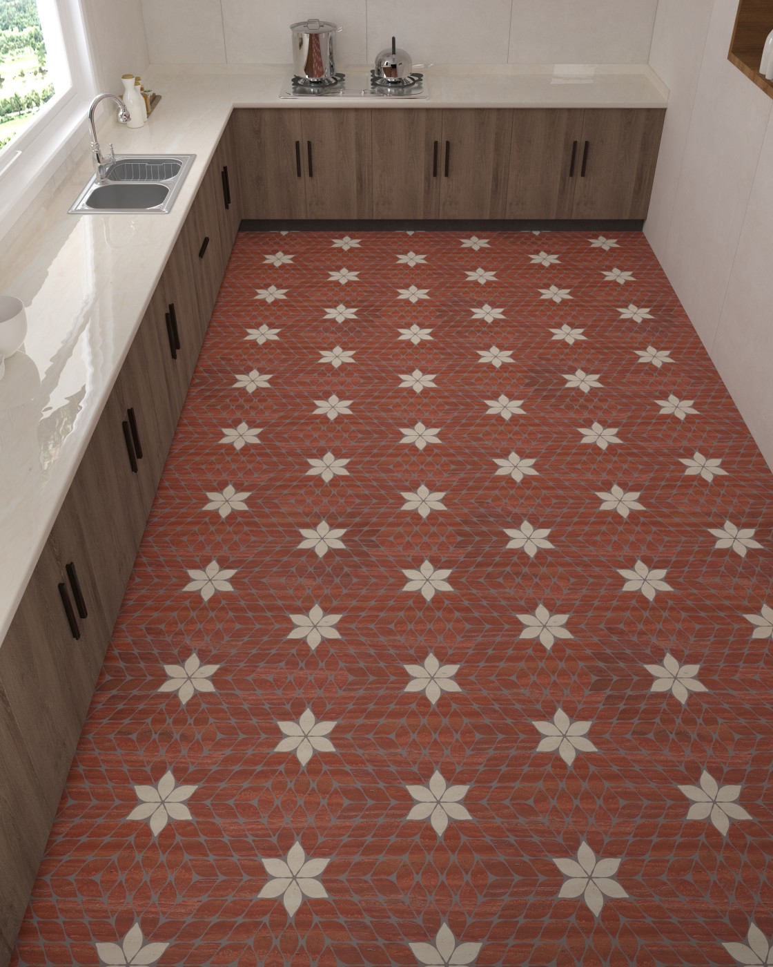 厨房 墙LMCO-91801M水泥灰白，地 FLA004M 红洞+米黄洞