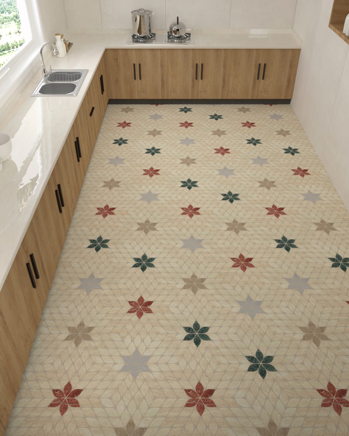 厨房 墙LMCO-91801M水泥灰白，地洞石绽放混色拼