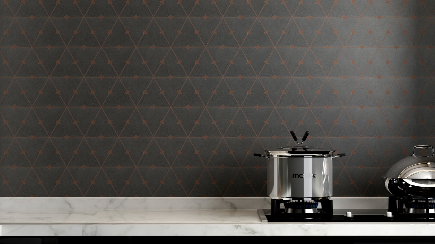 厨房：三角星棕色砖缝