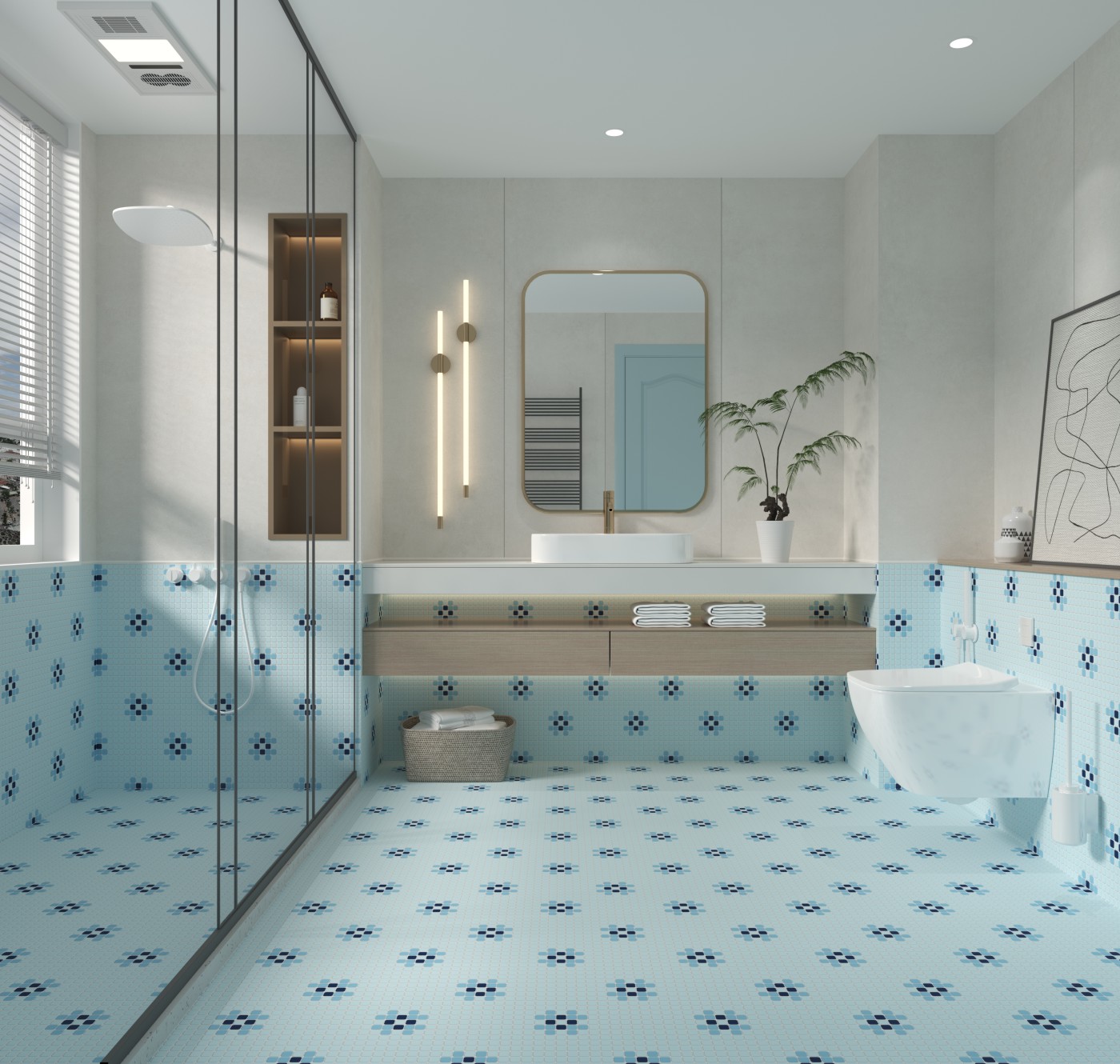 阿鲁巴蓝色单片花卫生间P 下墙地面ASP-ELEMENT-28，上墙水泥灰白LMCO-91801M,腰线香榭温婉白（亚光）ACE02-12148M