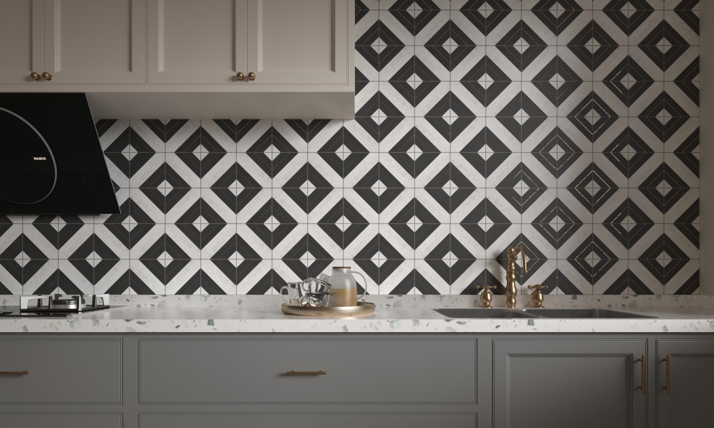 厨房 灶台背景石材方形嵌铜